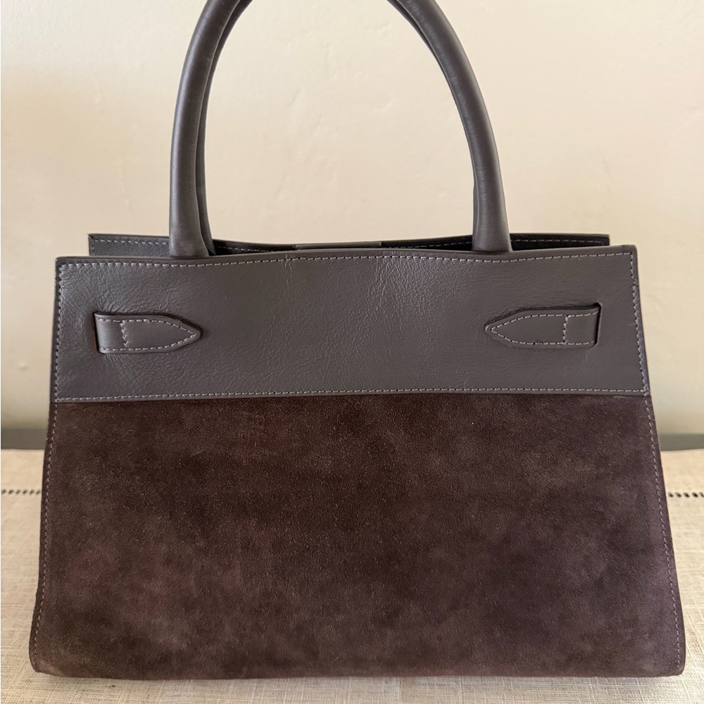 Structured Brown Suede & Leather Top-Handle Handbag - Picture 4 of 10
